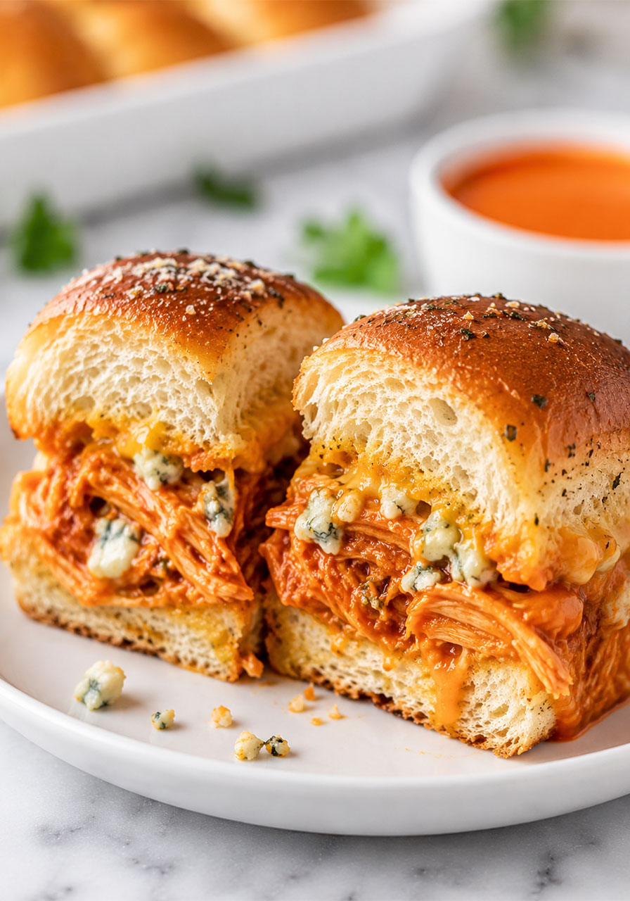 Buffalo chicken slider variation with blue cheese on a Hawaiian roll