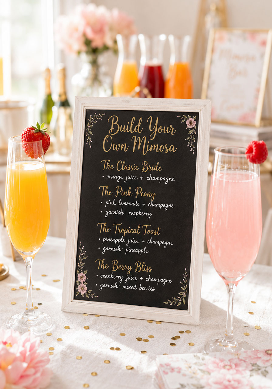 Framed "Build Your Own Mimosa" signature recipe card station at a bridal shower mimosa bar with champagne flute combos