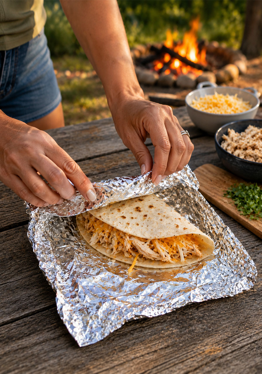Build your own foil packet quesadilla bar at outdoor camping party