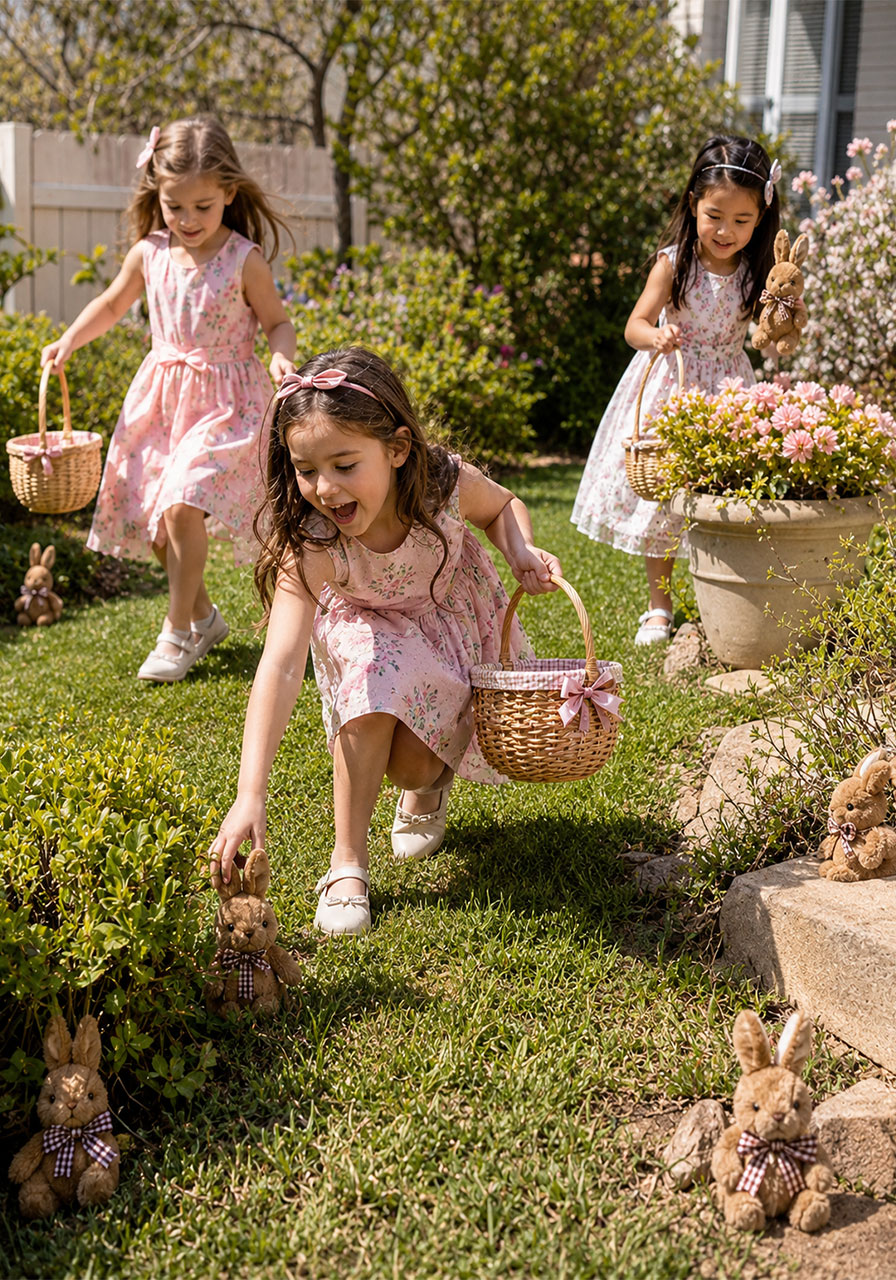 Kids running through a backyard during a bunny hunt scavenger activity at a bunny and butterfly birthday party