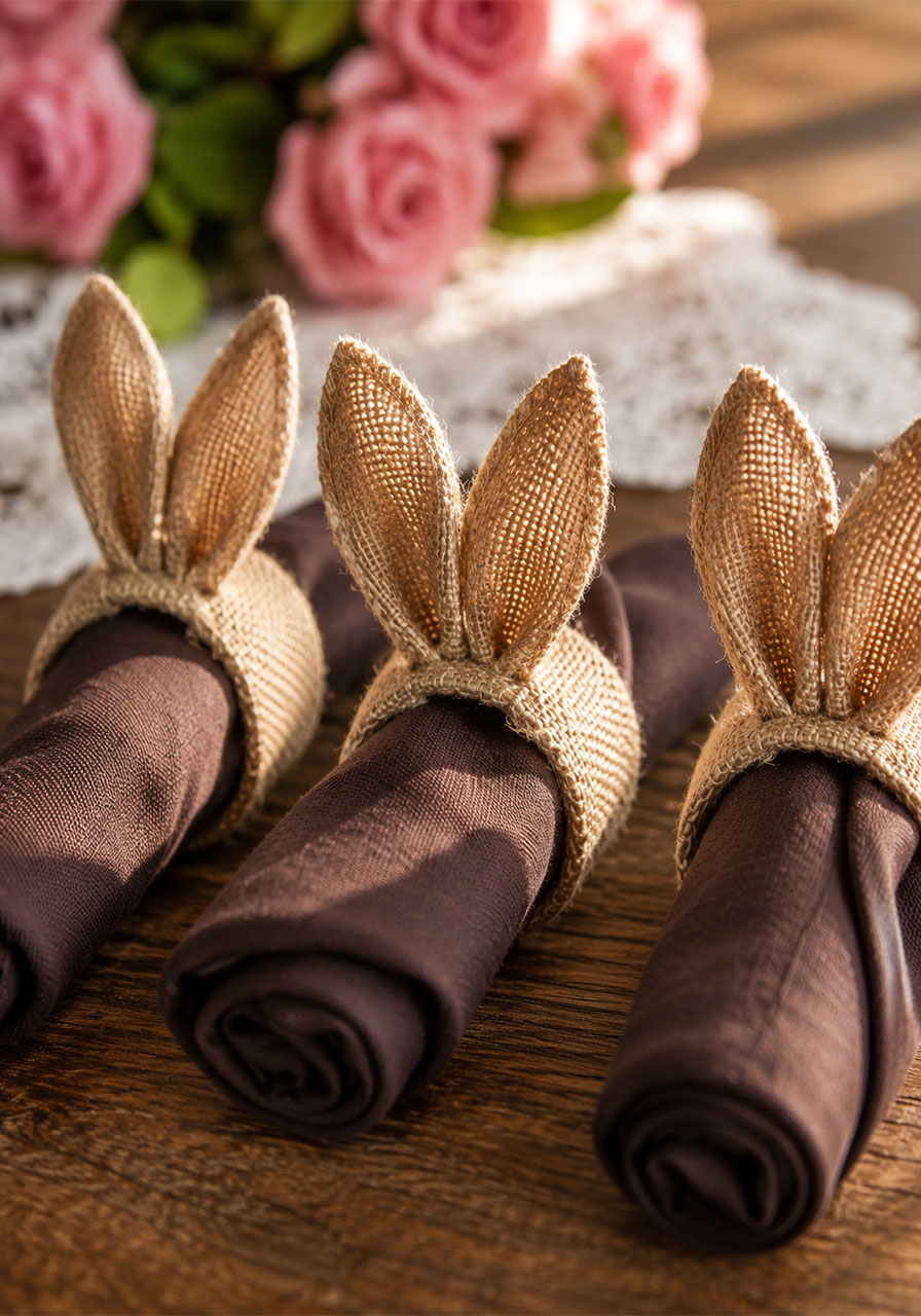 DIY burlap bunny ear napkin rings with rolled brown napkins for a rustic bunny birthday party table setting