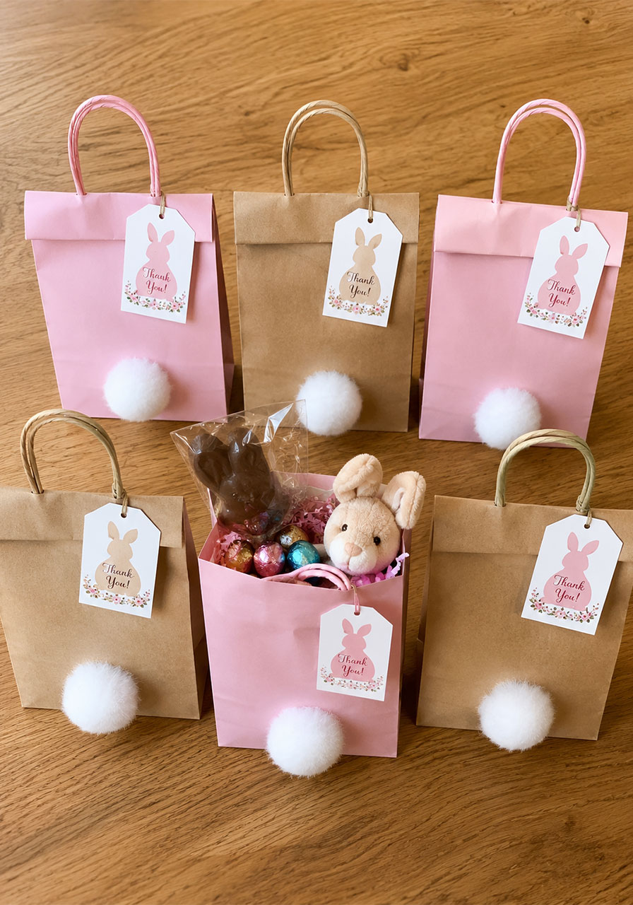 DIY bunny favor bags with cotton ball tails and custom bunny tags filled with chocolate treats for a bunny and butterfly birthday party