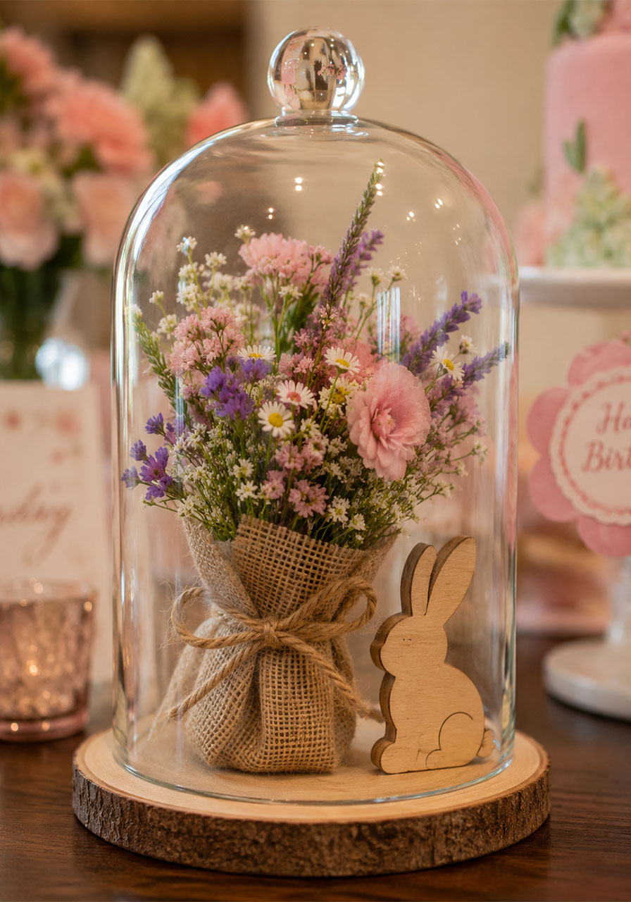 Glass garden cloche terrarium with wildflowers and a wooden bunny silhouette as a dessert table decoration for a bunny birthday party