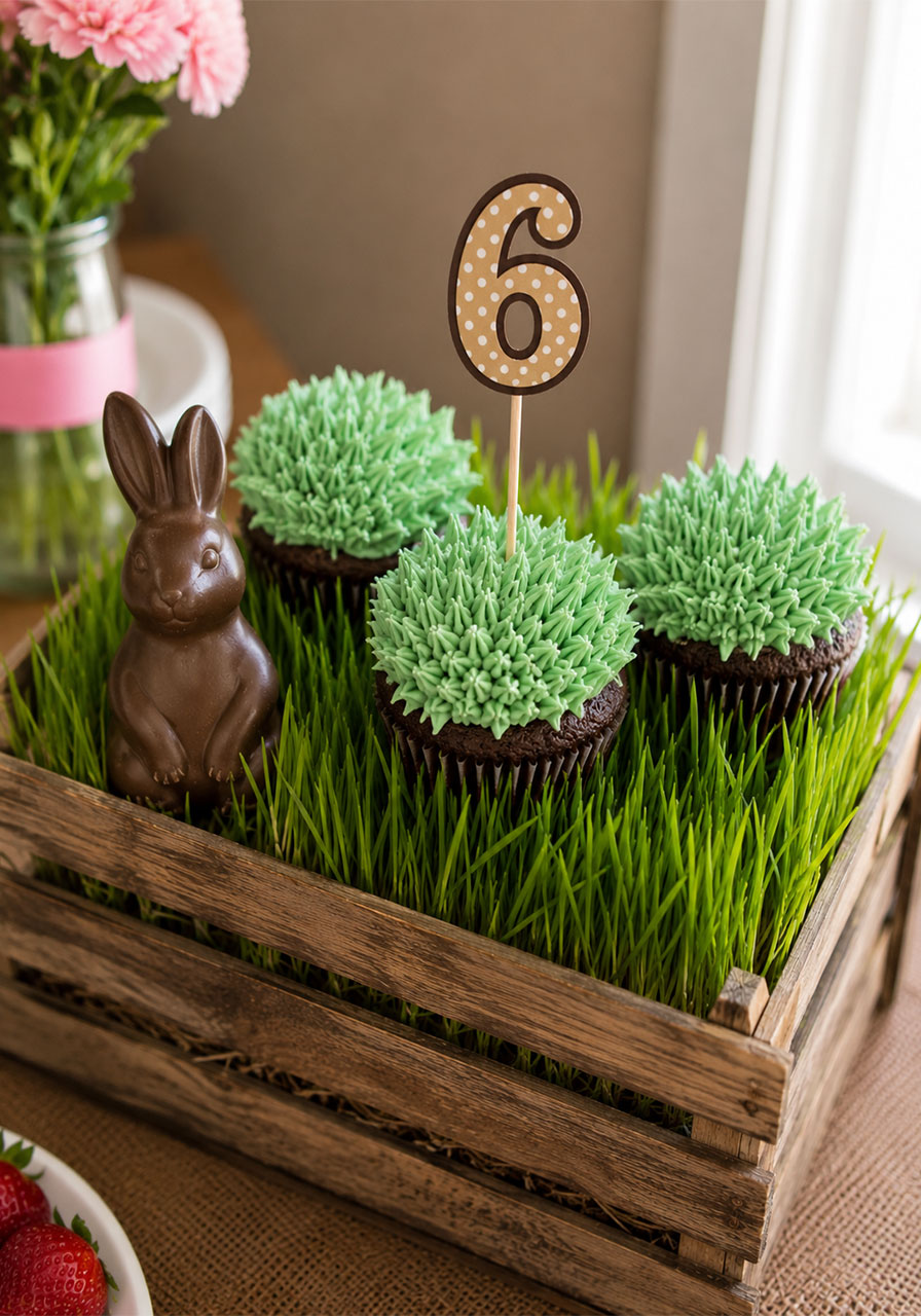 Mint green grass frosting cupcakes displayed in a wooden crate with cat grass and a chocolate bunny figurine for a bunny birthday party