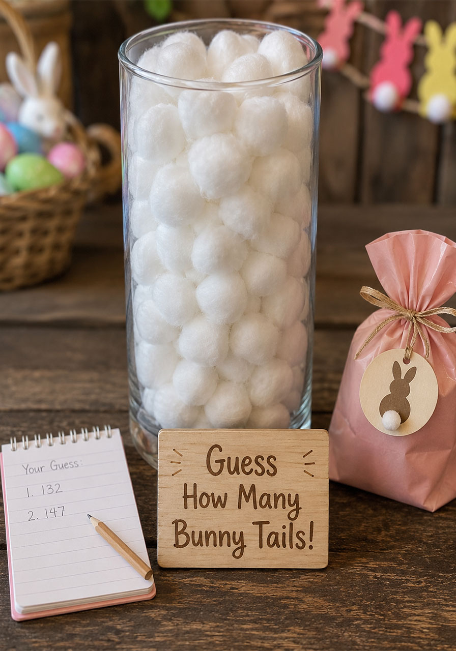 Guess How Many Bunny Tails game with a jar full of cotton balls and a notepad for guesses at a bunny birthday party