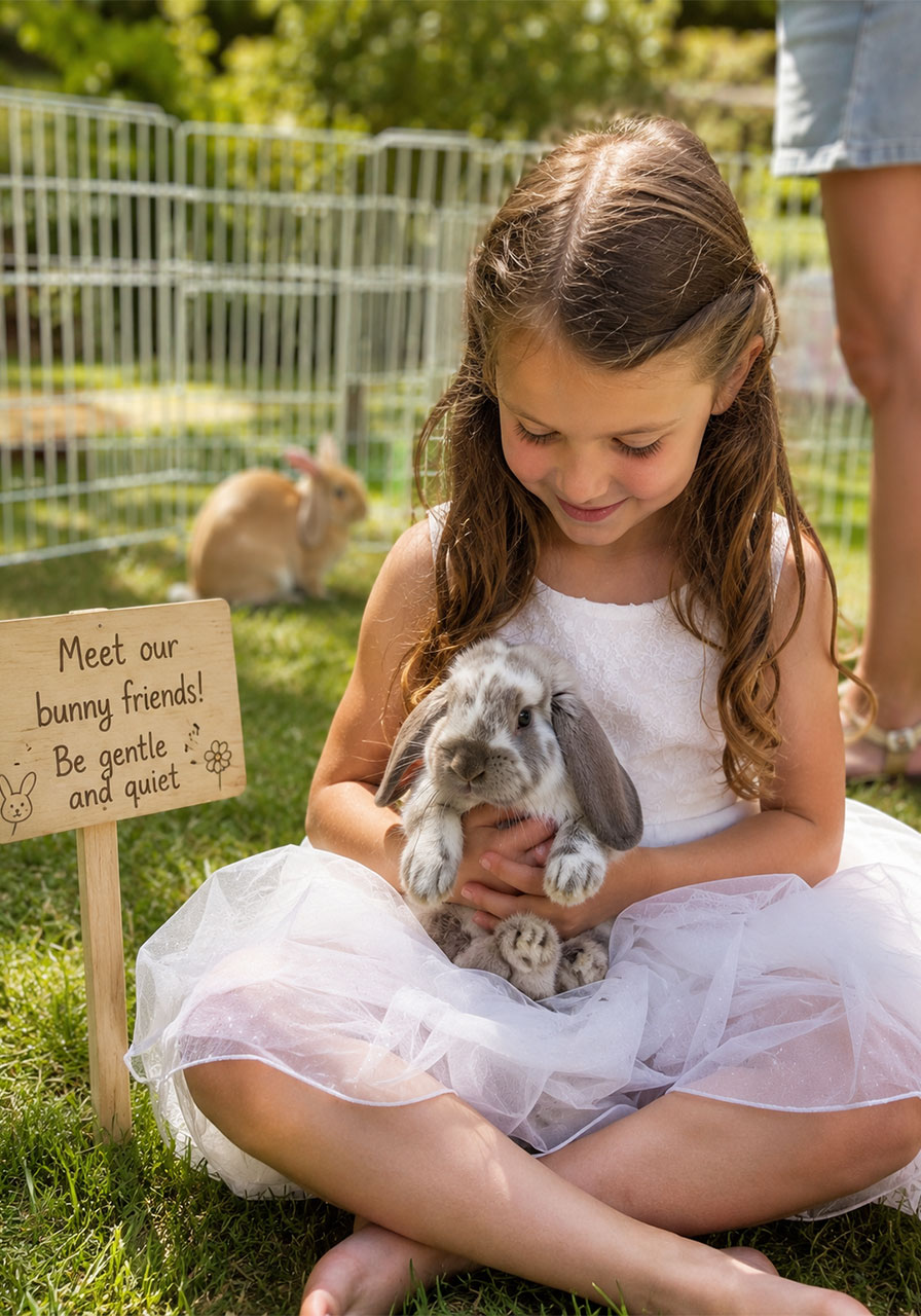 Young birthday girl gently holding a live bunny at a supervised petting station at a bunny and butterfly birthday party