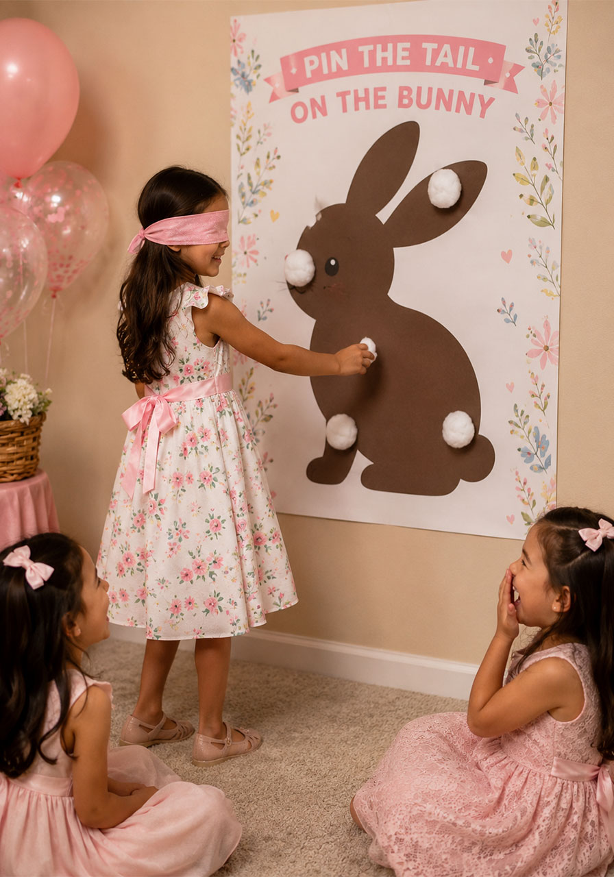 Kids playing Pin the Tail on the Bunny game with a blindfold and cotton ball tails at a bunny and butterfly birthday party