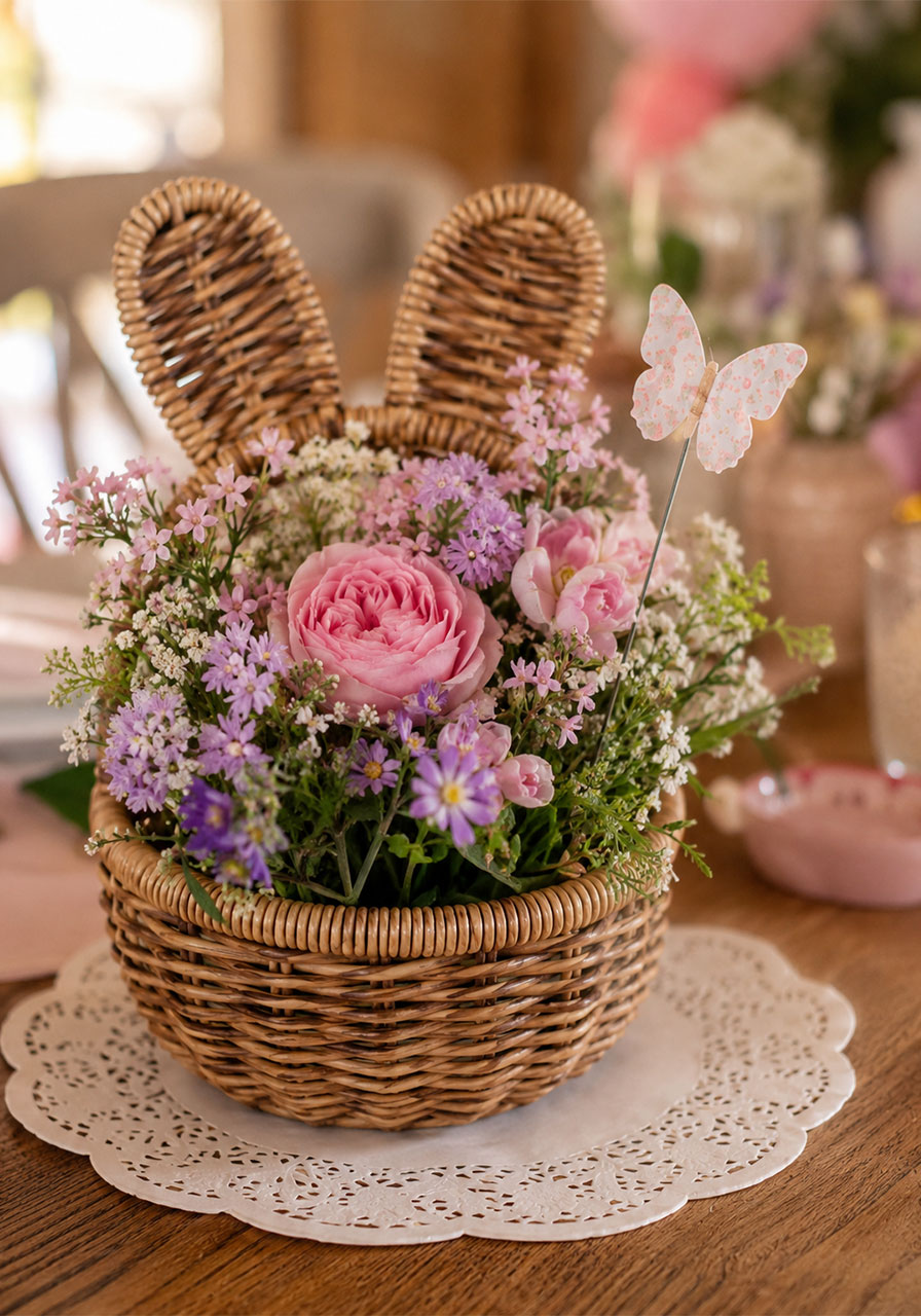 Rattan bunny ear basket filled with pink roses and wildflowers as a centerpiece for a bunny and butterfly birthday party