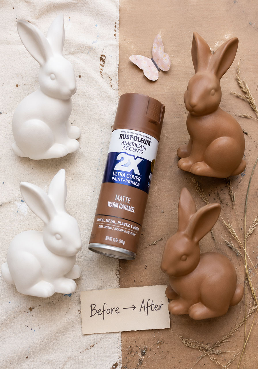 DIY spray-painted ceramic bunny figurines before and after for rustic bunny and butterfly birthday party table decorations