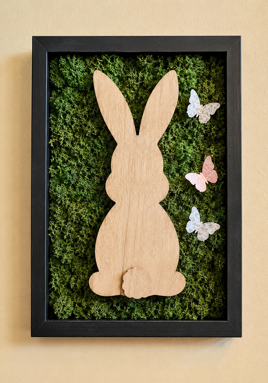 DIY wooden bunny silhouette in a green moss shadowbox frame as wall art for a bunny and butterfly birthday party