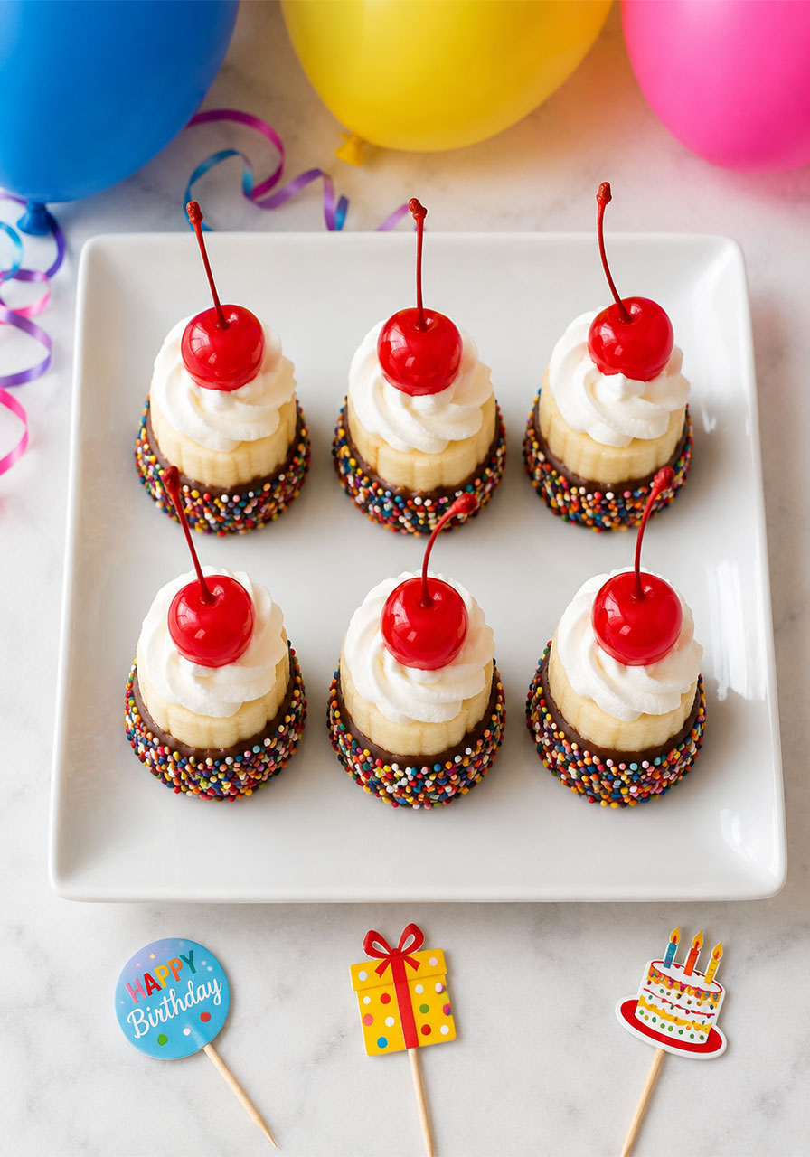 Banana split bites dessert idea for kids birthday party