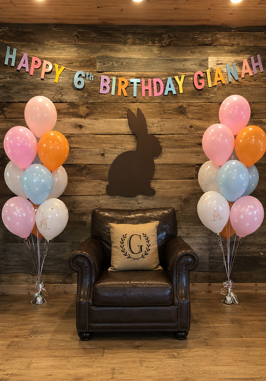 Rustic barn board photo booth backdrop decorated with bunny birthday banner and pastel balloons for a bunny and butterfly birthday party