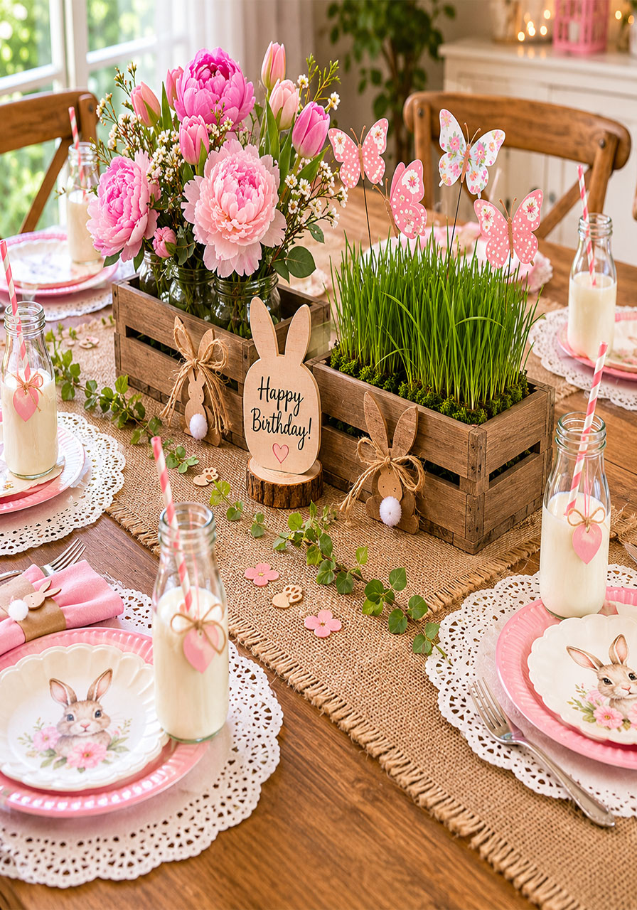 Burlap table runner with wooden crate centerpieces and paper doily place settings for a rustic bunny and butterfly birthday party table