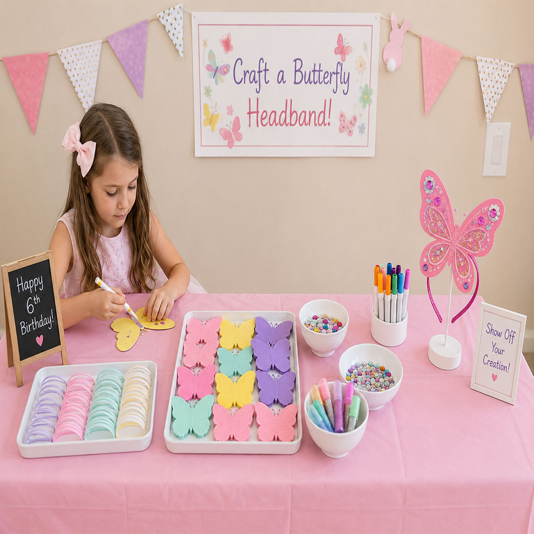 Kids butterfly headband craft making station with foam butterflies, glitter glue, and gem stickers at a bunny and butterfly birthday party