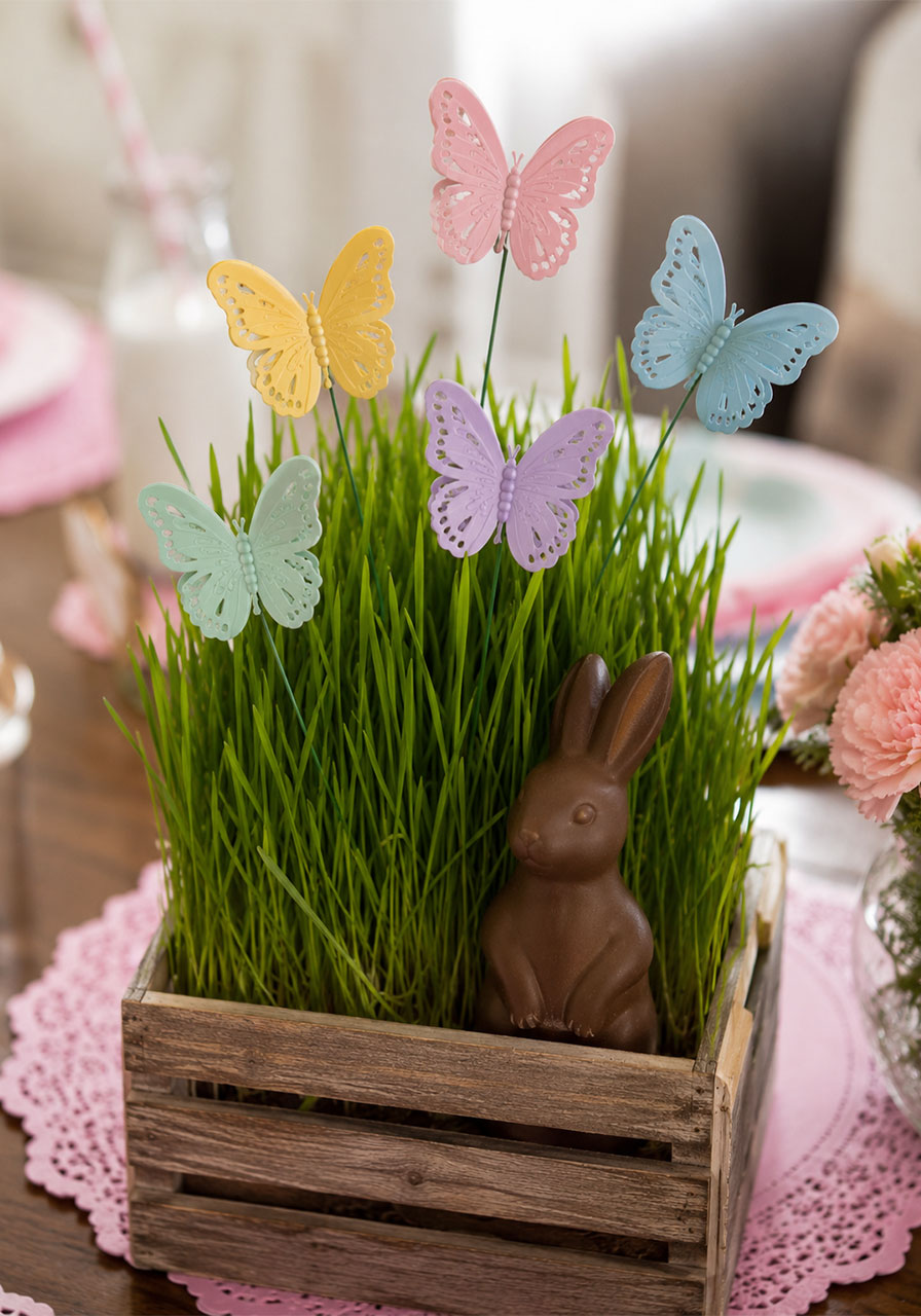 Cat grass centerpiece with pastel paper butterflies on floral wire stems in a wooden crate for a bunny and butterfly birthday party