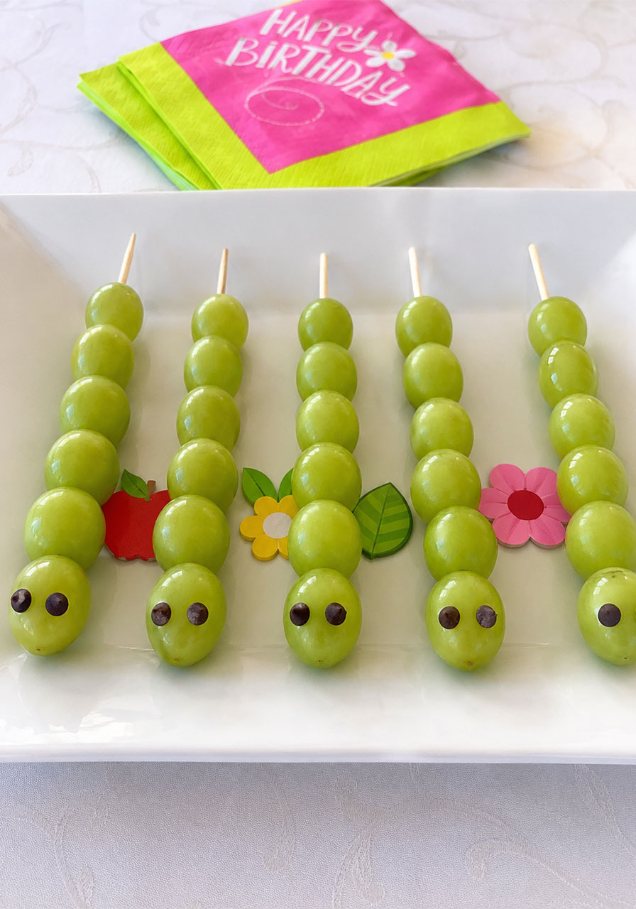 Caterpillar grape kabobs healthy snack for Bunny and Butterfly Birthday Party