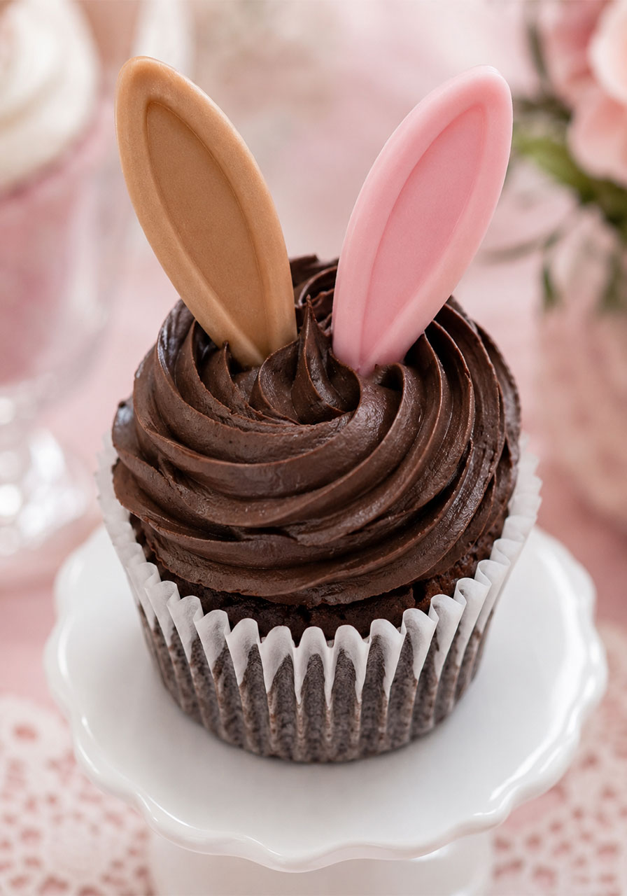 Chocolate birthday cupcake with pink and tan fondant bunny ears for a bunny and butterfly birthday party dessert table