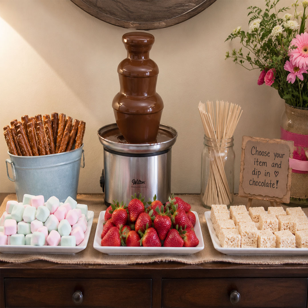 Chocolate fountain dessert station with strawberries, marshmallows, pretzel rods, and rice krispie treats for a bunny birthday party