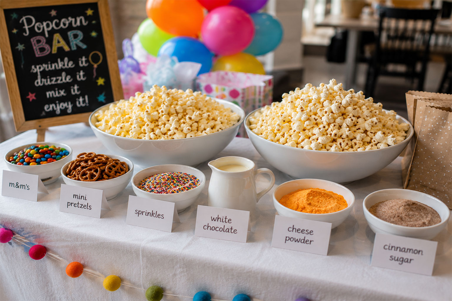 DIY popcorn bar topping station idea for birthday party