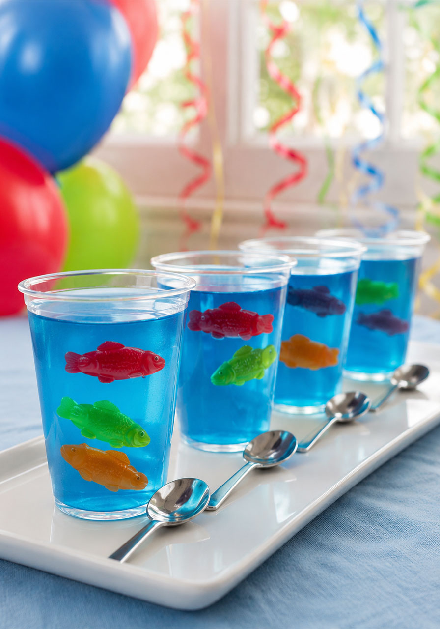 Fish bowl Jello cups with gummy fish for kids party snack table