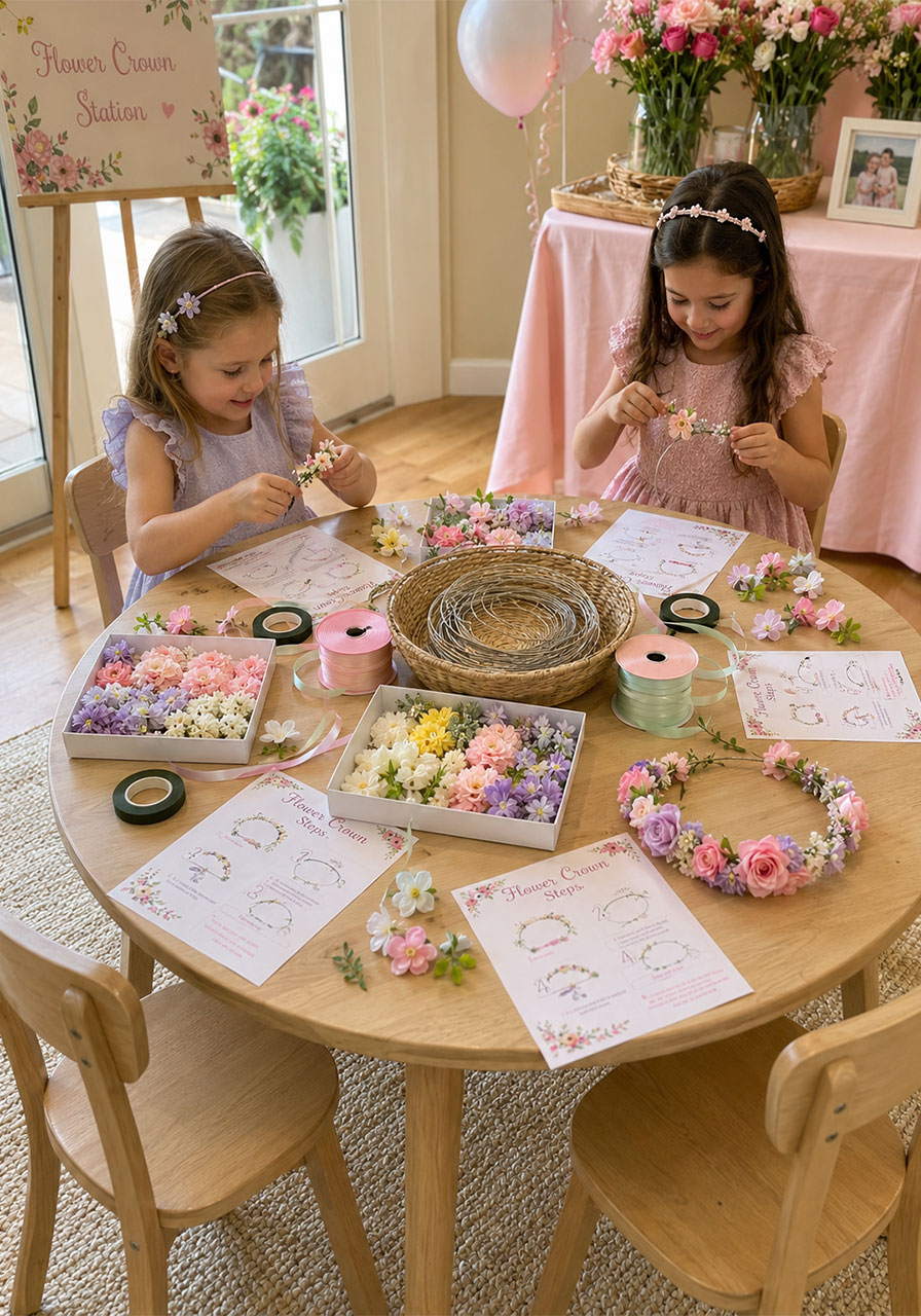 Spring flower crown making craft station with faux flowers and floral wire headbands for kids at a bunny and butterfly birthday party