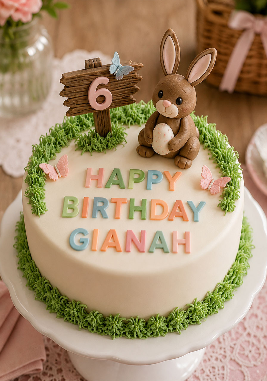 Bunny and butterfly birthday cake with fondant bunny figurine, colorful letters, and mint grass frosting border for a 6th birthday party