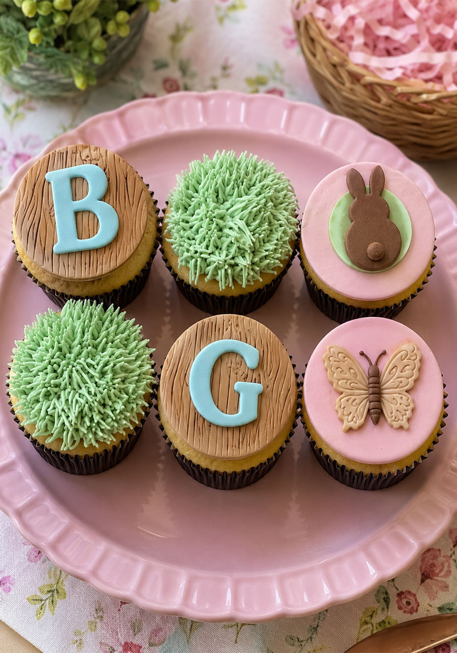 Assorted fondant cupcakes with bunny, butterfly, and wood-grain toppers on a pink cake plate for a bunny and butterfly birthday party