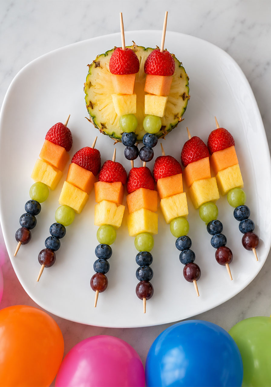 Rainbow fruit skewers healthy snack idea for birthday party