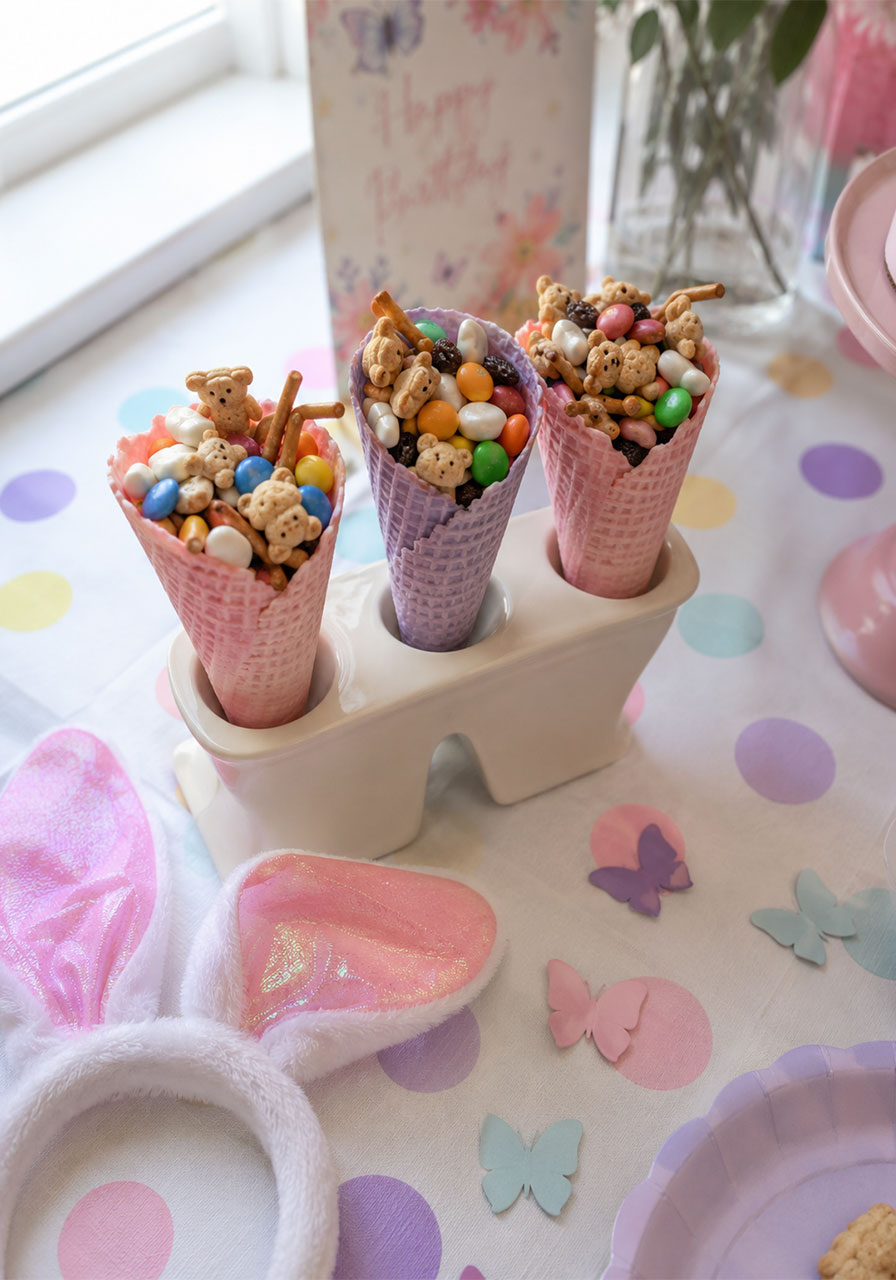Bunny and Butterfly Birthday Party ice cream cone snack mix with Teddy Grahams and M&Ms