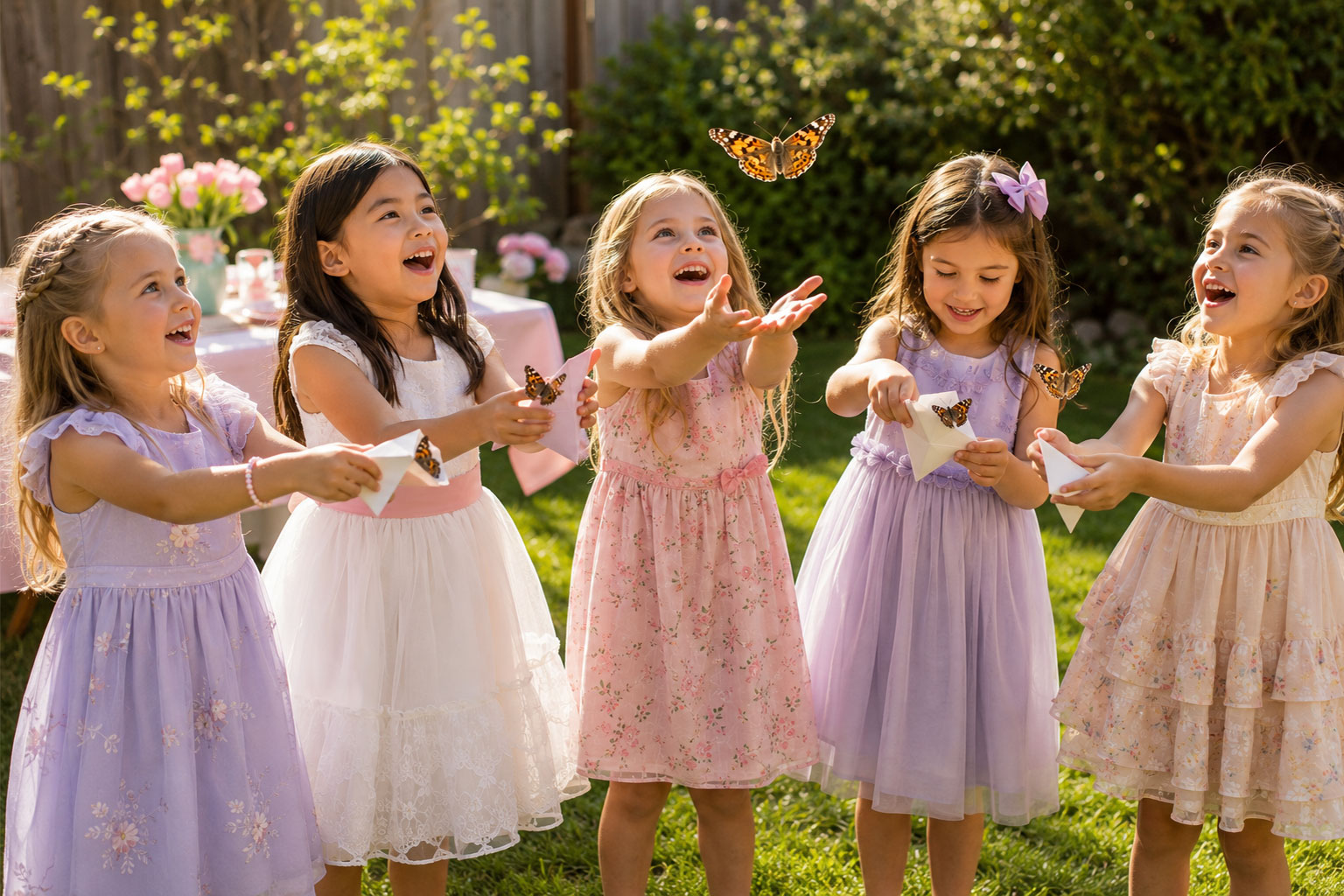 Kids releasing live butterflies from envelopes in a magical butterfly garden release activity at a bunny and butterfly birthday party