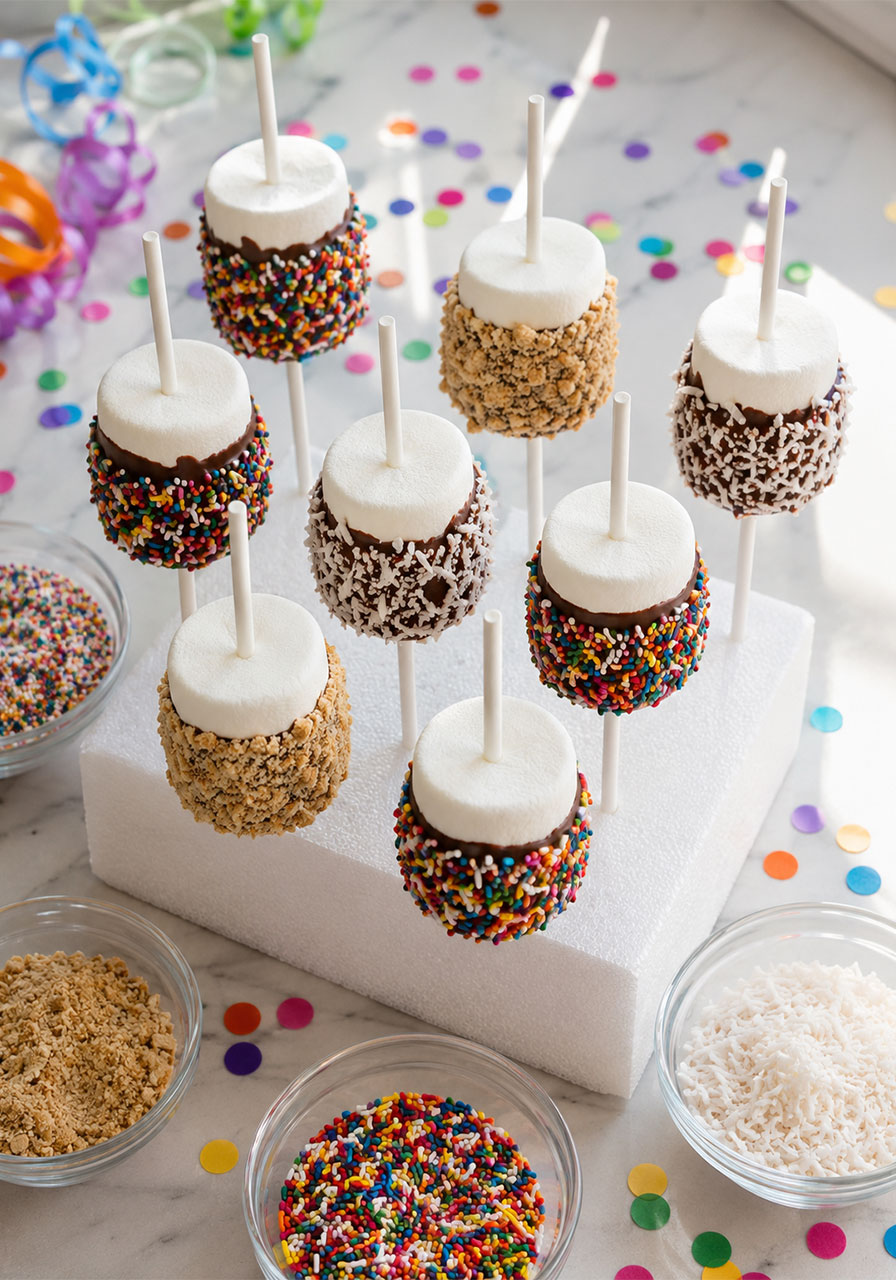 Sprinkle-dipped marshmallow pops dessert idea for birthday party