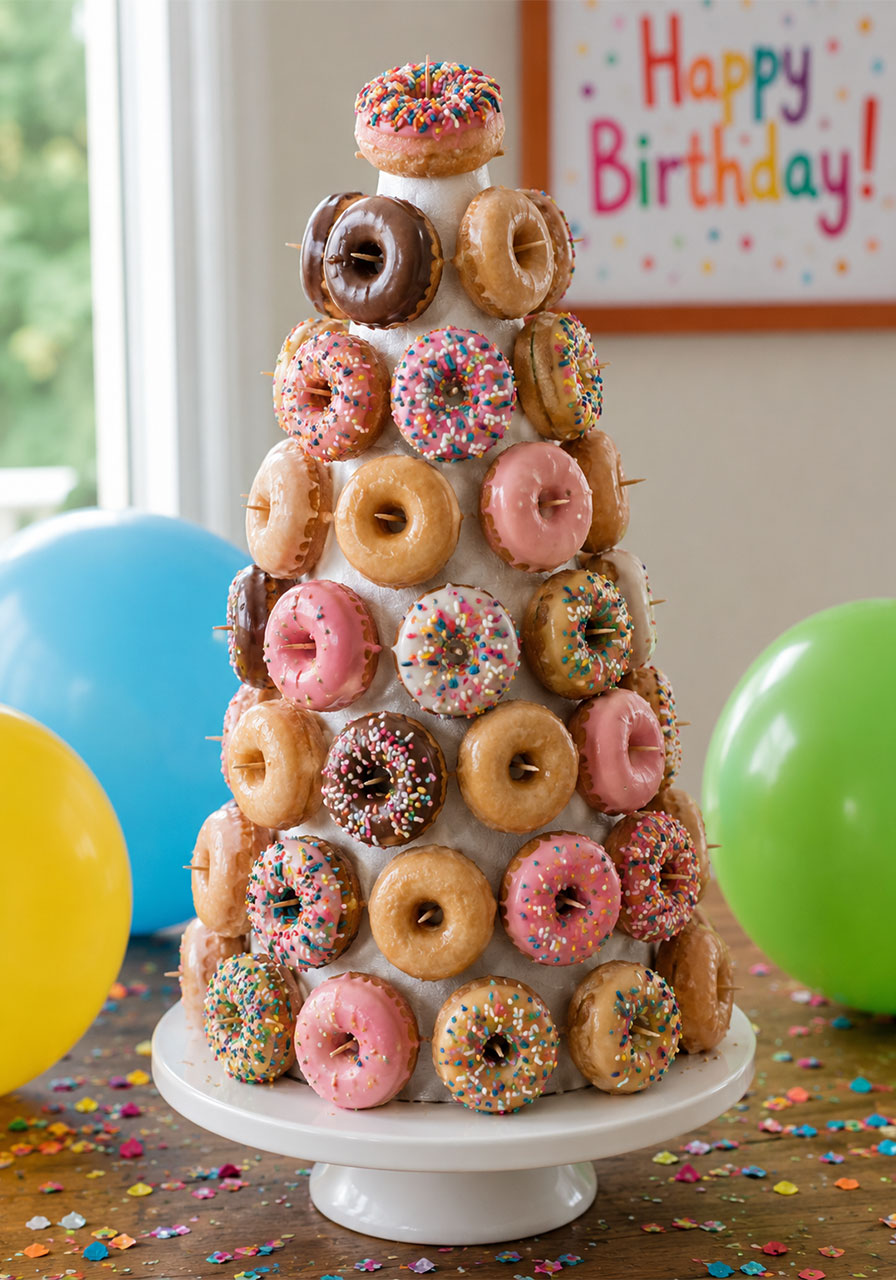 Mini donut tower centerpiece idea for birthday party dessert table