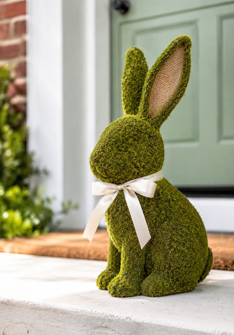 Moss-covered bunny figurine with burlap ears sitting on front porch as a charming door greeter for a bunny birthday party