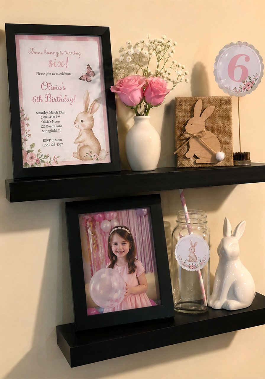 Personalized birthday photo display on floating shelves with bunny decorations and framed invitation for a bunny and butterfly birthday party