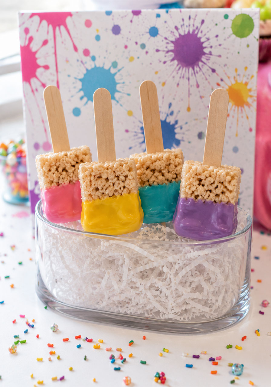 Rice Krispie paintbrush pops dessert for art-themed birthday party