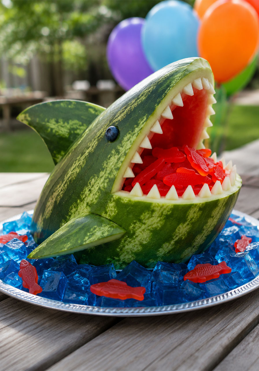 Shark attack watermelon bowl snack idea for kids birthday party