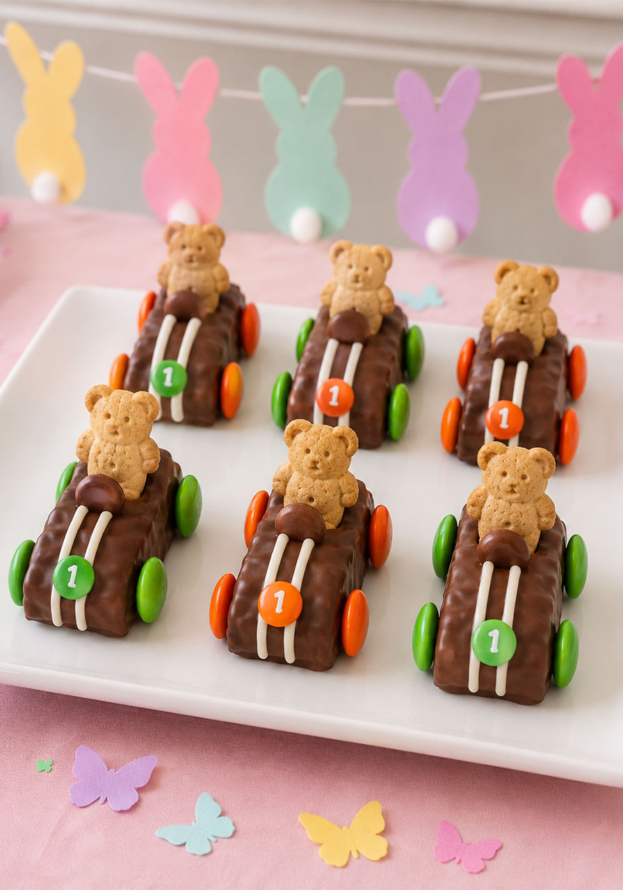 Teddy bear race car snacks for a Bunny and Butterfly Birthday Party dessert table