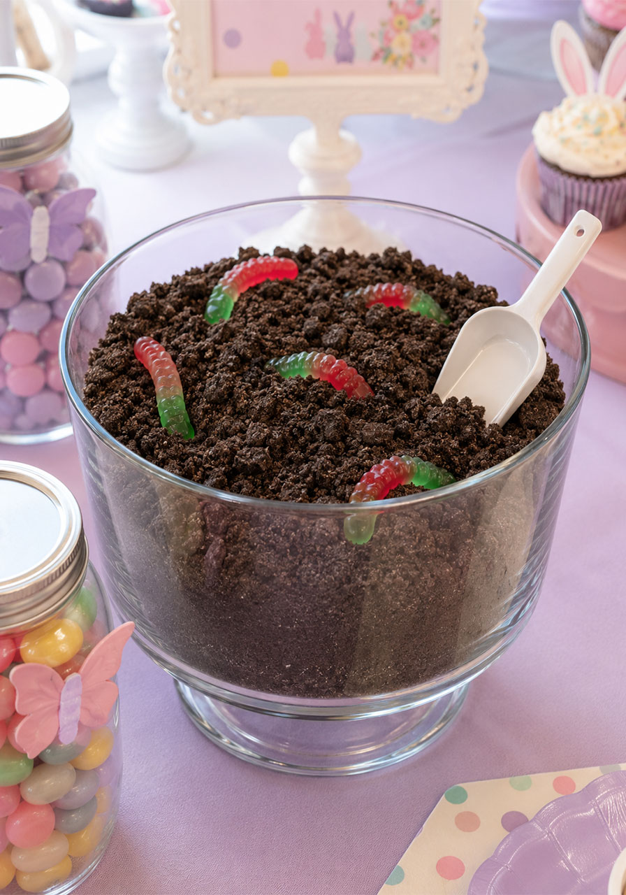 Worms in dirt Oreo treat for a Bunny and Butterfly Birthday Party