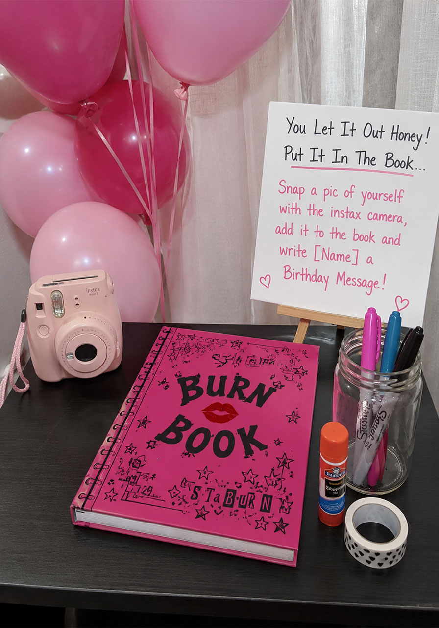 Mean Girls inspired burn book party guestbook station with Instax camera, pink balloons, and markers for a 19th birthday party