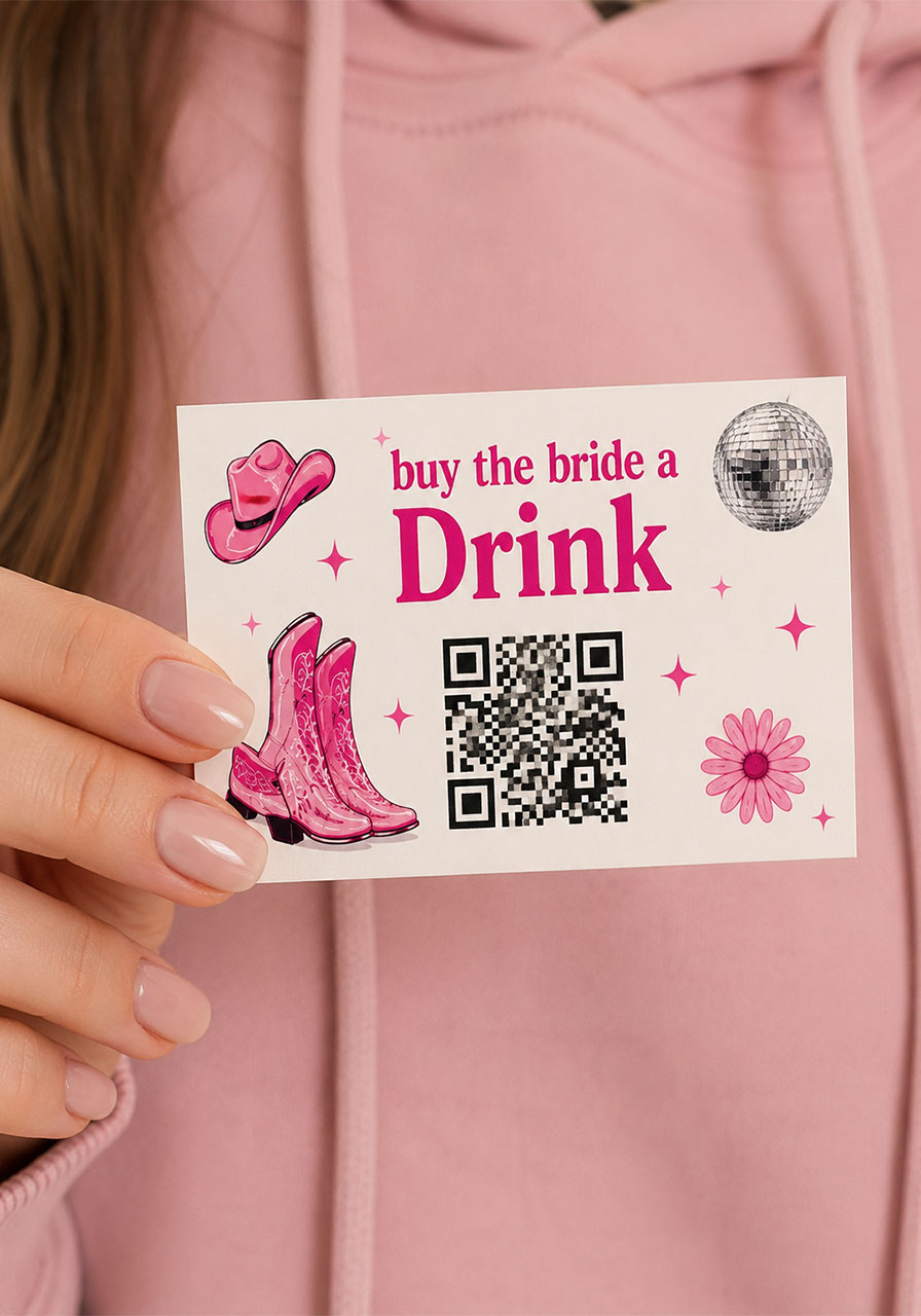 Buy the bride a drink QR code Venmo card for last disco rodeo bachelorette party
