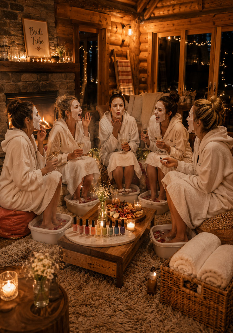 Group of women in robes wearing sheet face masks during cabin spa night at camp bachelorette glamping party with foot soaks and candles