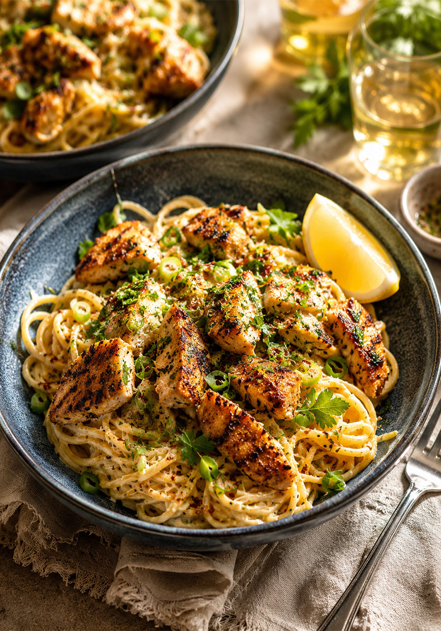 Plated bold and creamy Cajun chicken spaghetti in a slate blue bowl garnished with parsley scallions and red pepper flakes for serving