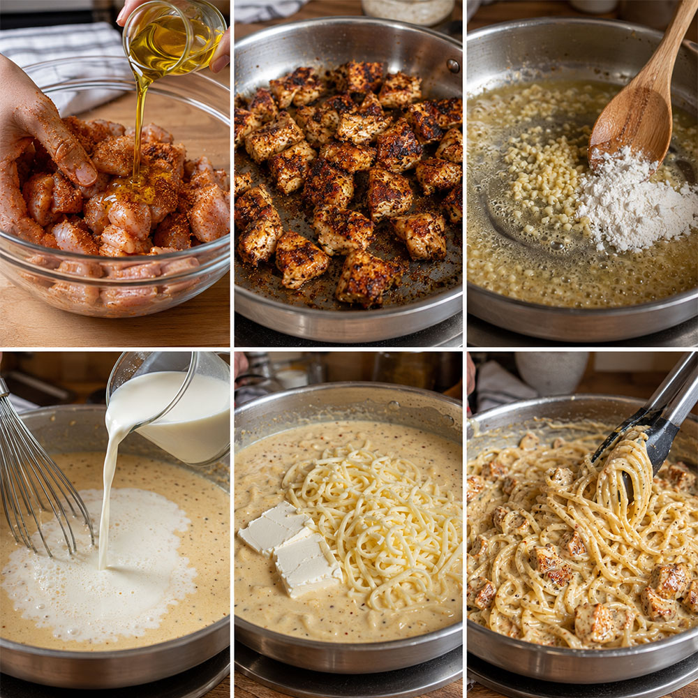 Six-step process collage showing how to make bold and creamy Cajun chicken spaghetti from seasoning chicken to finishing the garlic mozzarella sauce