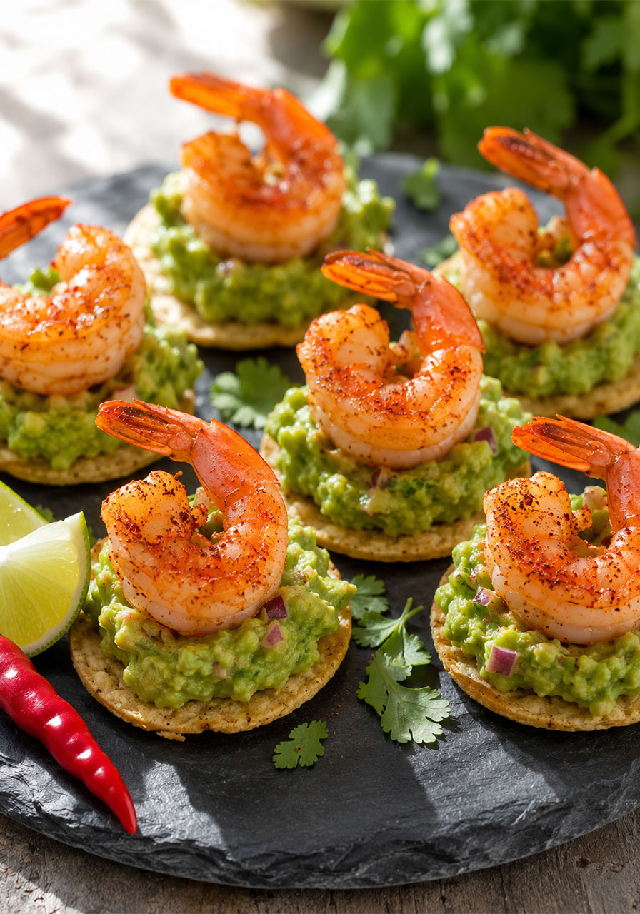 Cajun shrimp guacamole bites on tortilla chips served on slate board for summer party appetizer