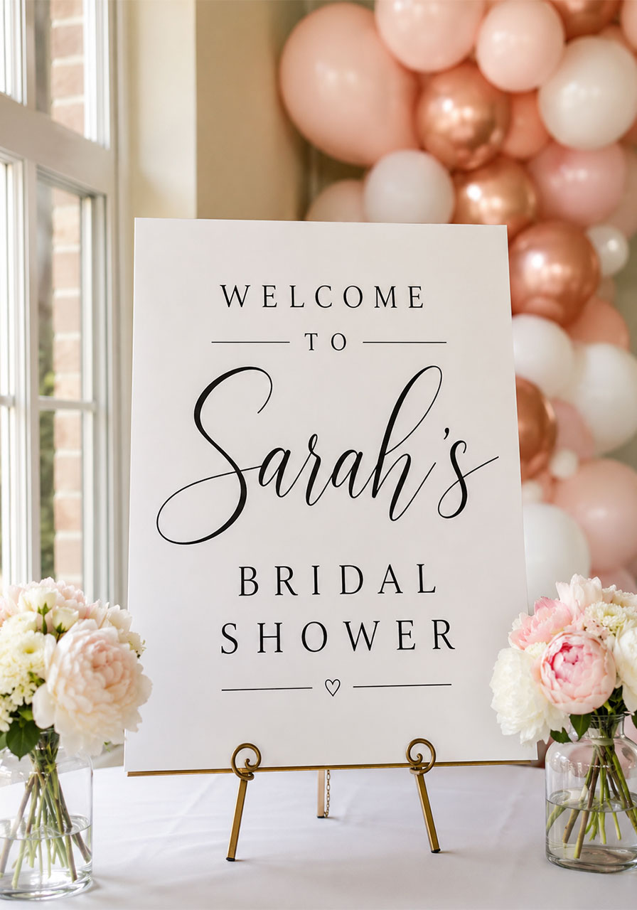 Hand-lettered calligraphy welcome sign on easel for bridal shower with blush floral accents