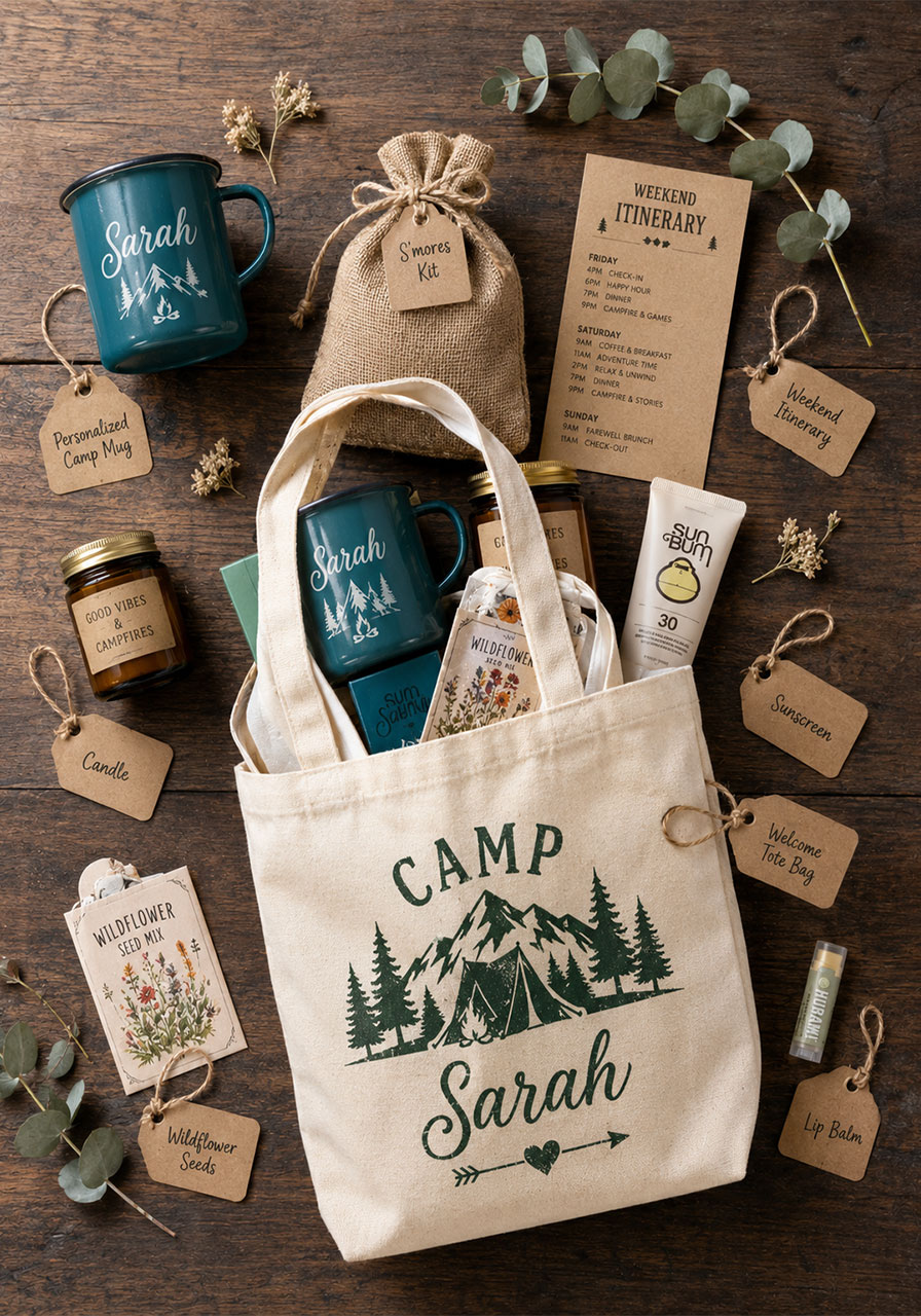 Camp bachelorette party welcome bag flat lay with enamel mug, s'mores kit, candle and personalized itinerary card on rustic wood surface