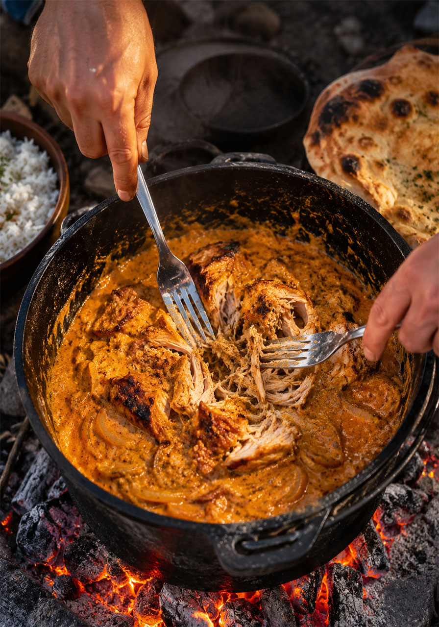 Shredding tender chicken thighs in a camp oven butter chicken recipe over campfire coals