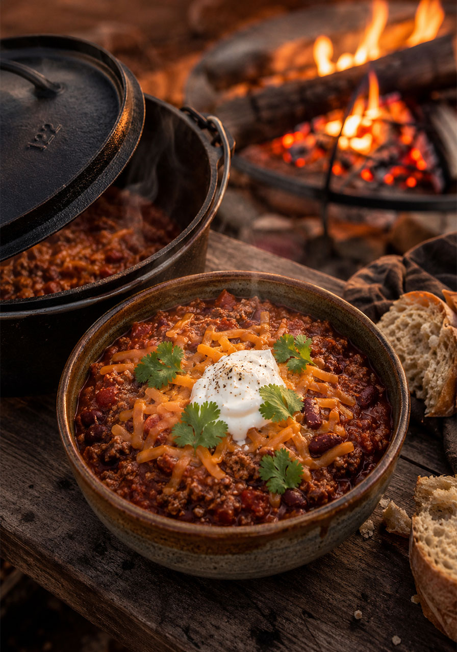 Steaming bowl of camp oven chilli con carne with sour cream and cheese beside a cast iron camp oven at a campsite