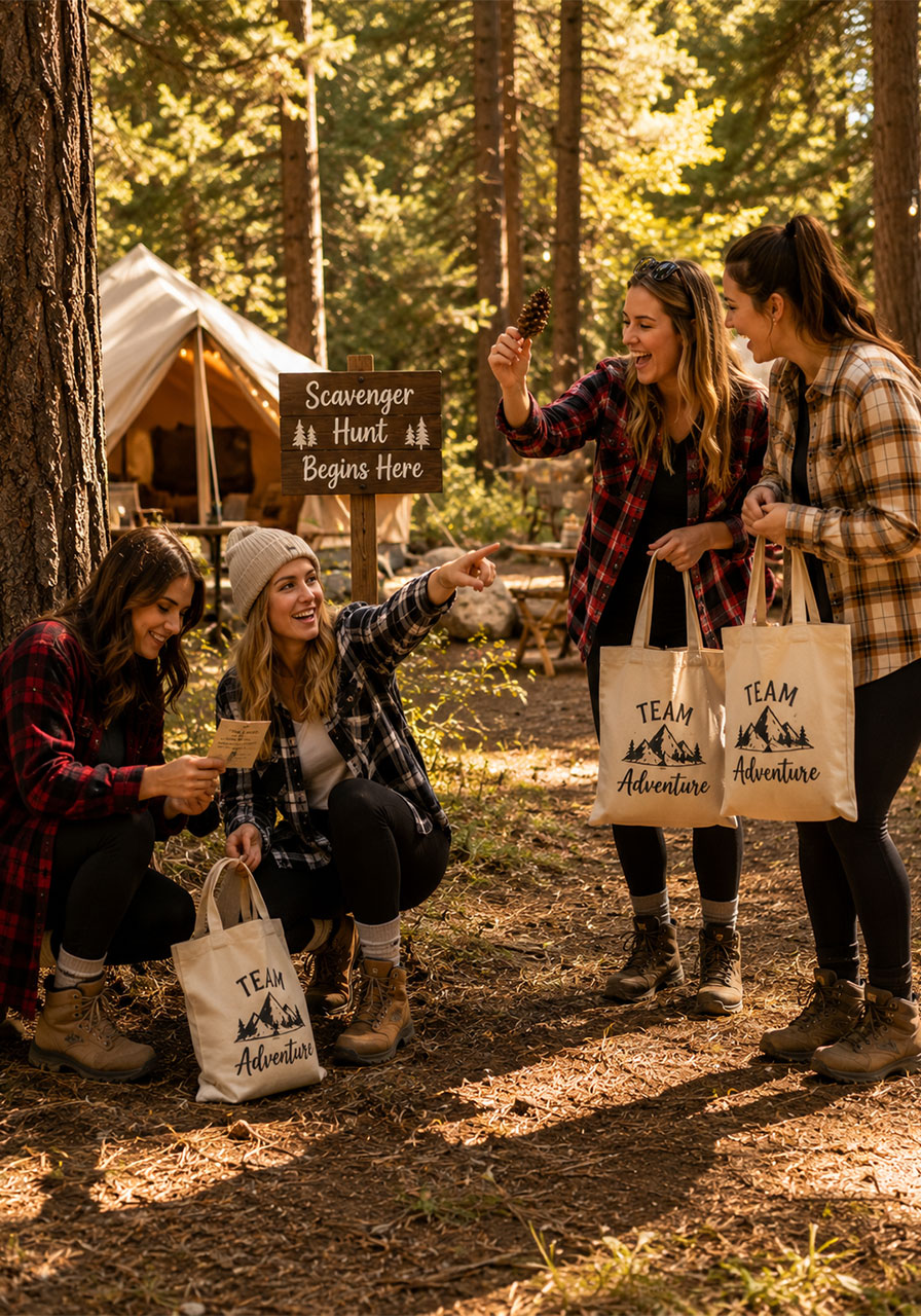 Two teams of women competing in outdoor camp scavenger hunt at bachelorette party in pine forest with clue cards and collection bags