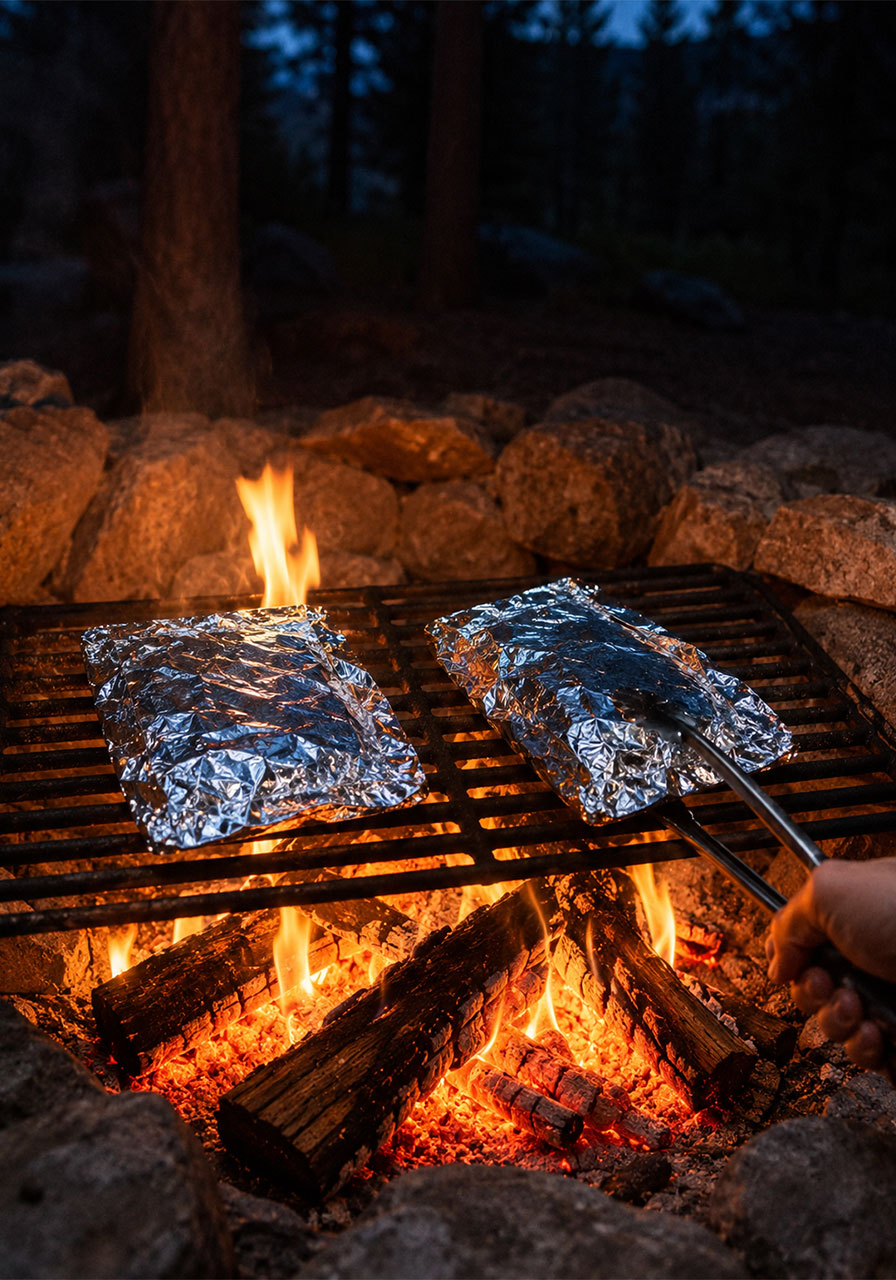 Two foil packets of apple pie cooking on a metal grate over a glowing outdoor campfire at night
